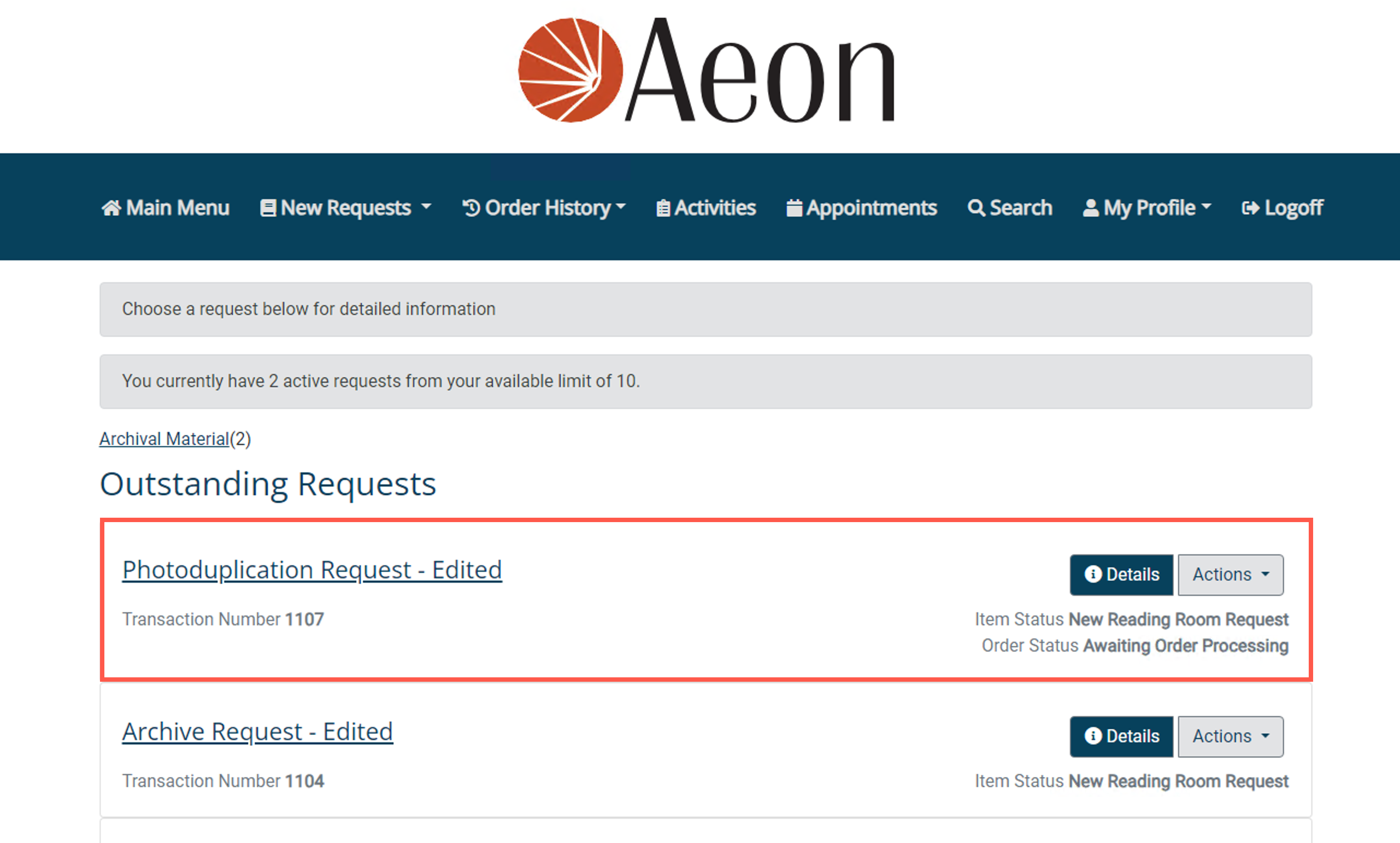 Edited request on Outstanding Request page